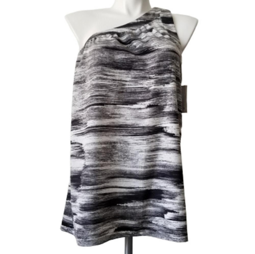 Halston Black & White One Shoulder Med. tunic top